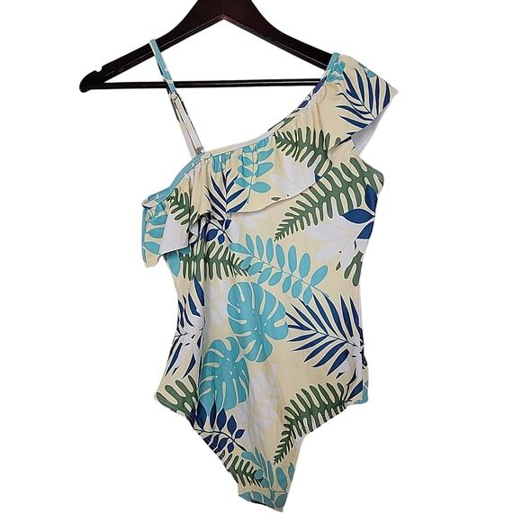 Patpat Womens Swimsuit Medium One Piece Ruffle One Shoulder Yellow Blue NEW - Picture 3 of 5